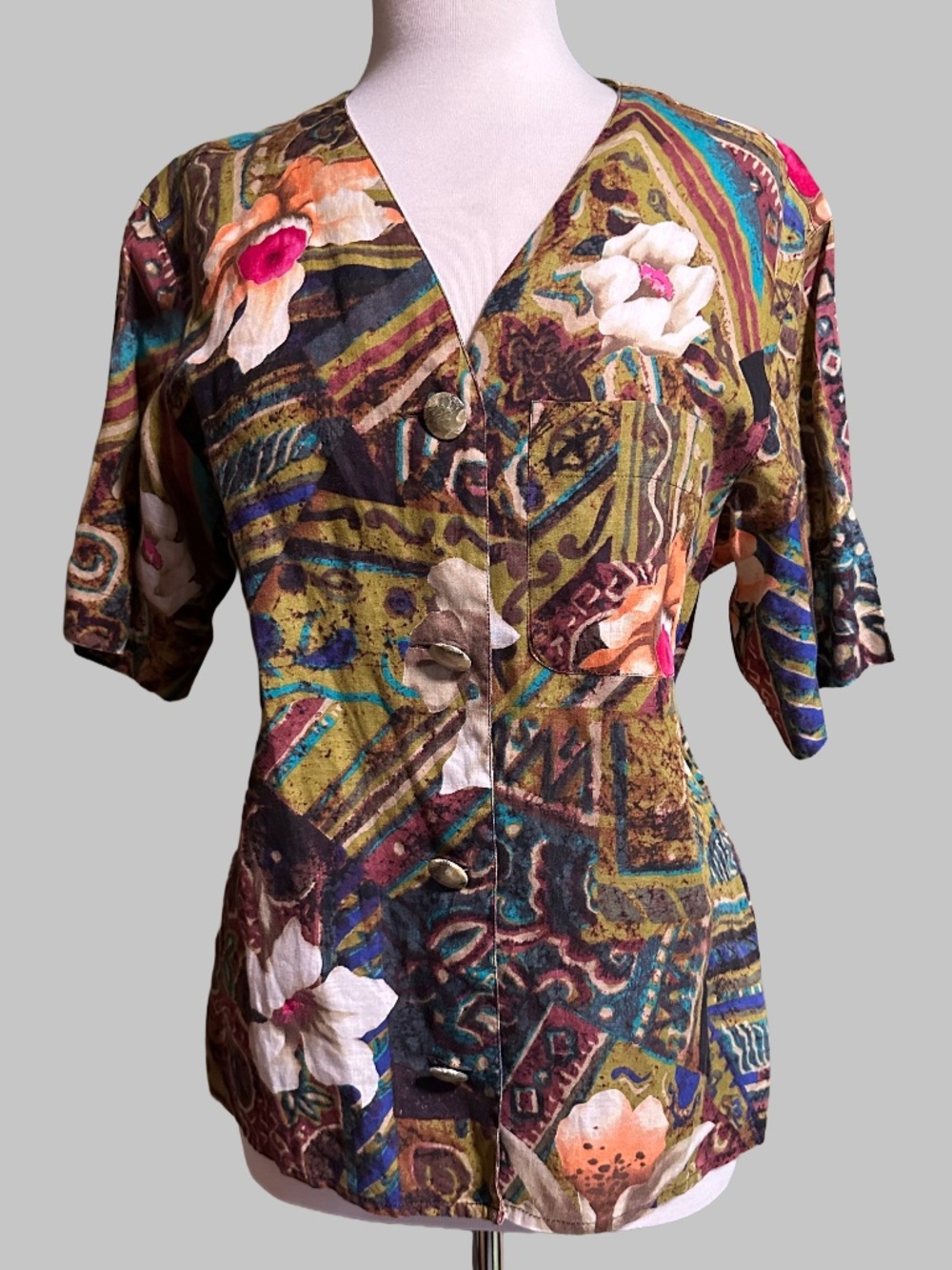 Vintage Max Mara 100% Linen Floral Patchwork Short Sleeve Blouse Size 6 Italy